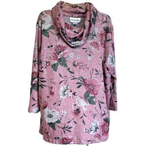 C.D.Petites PL Multicolor Floral Long Sleeve Cowl Neck Top Rhinestones